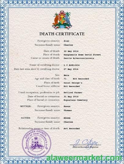 Grenada death certificate PSD template